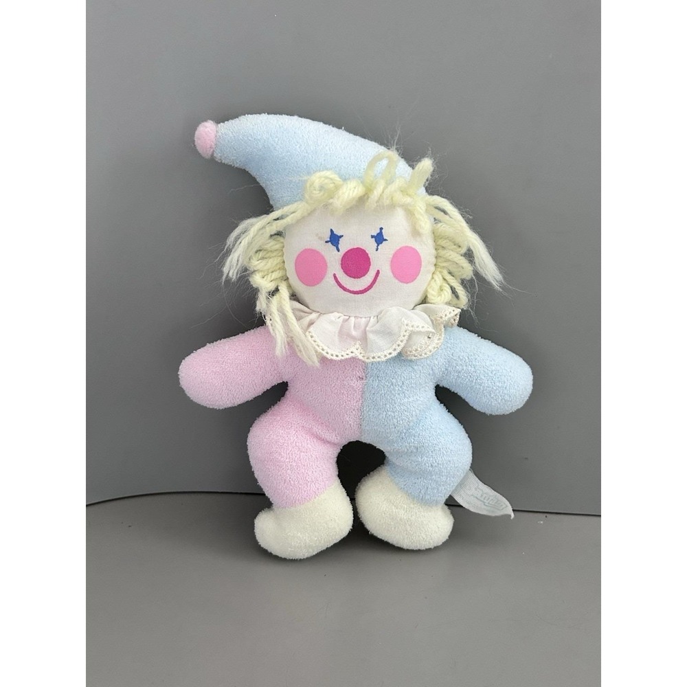 Bantam Vtg Terry Cloth Clown Pastel Yellow Pink Blue Color Block Baby Toy